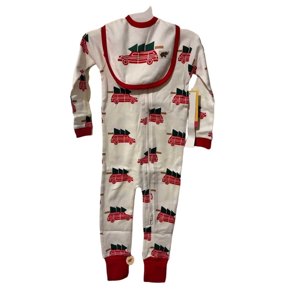 Monica + Andy Organic Cotton Christmas Tree Car‎ Pajamas & Bib Set 18 24 Months